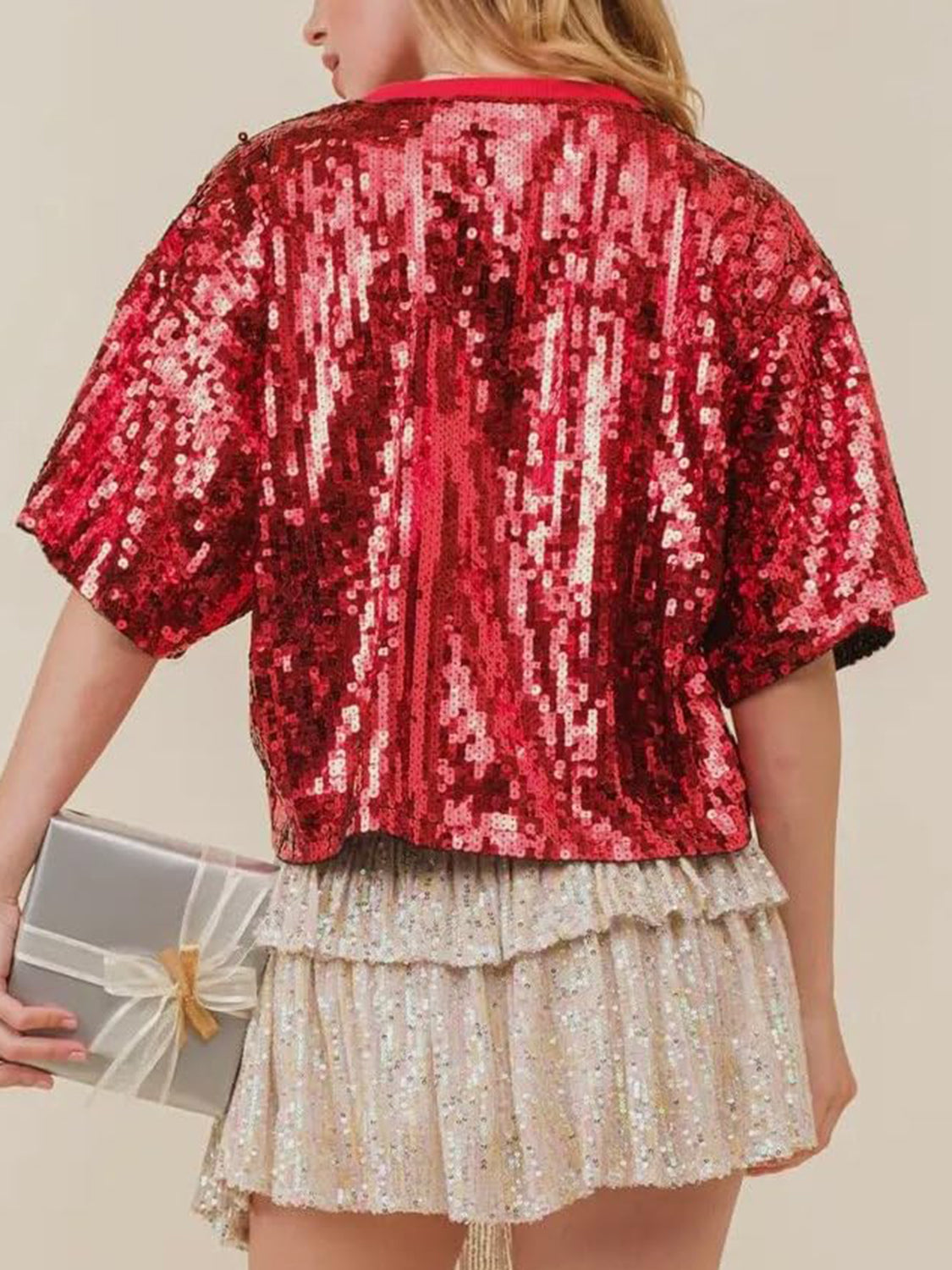 Betty Sequin Bow Graphic Round Neck Half Sleeve T-Shirt