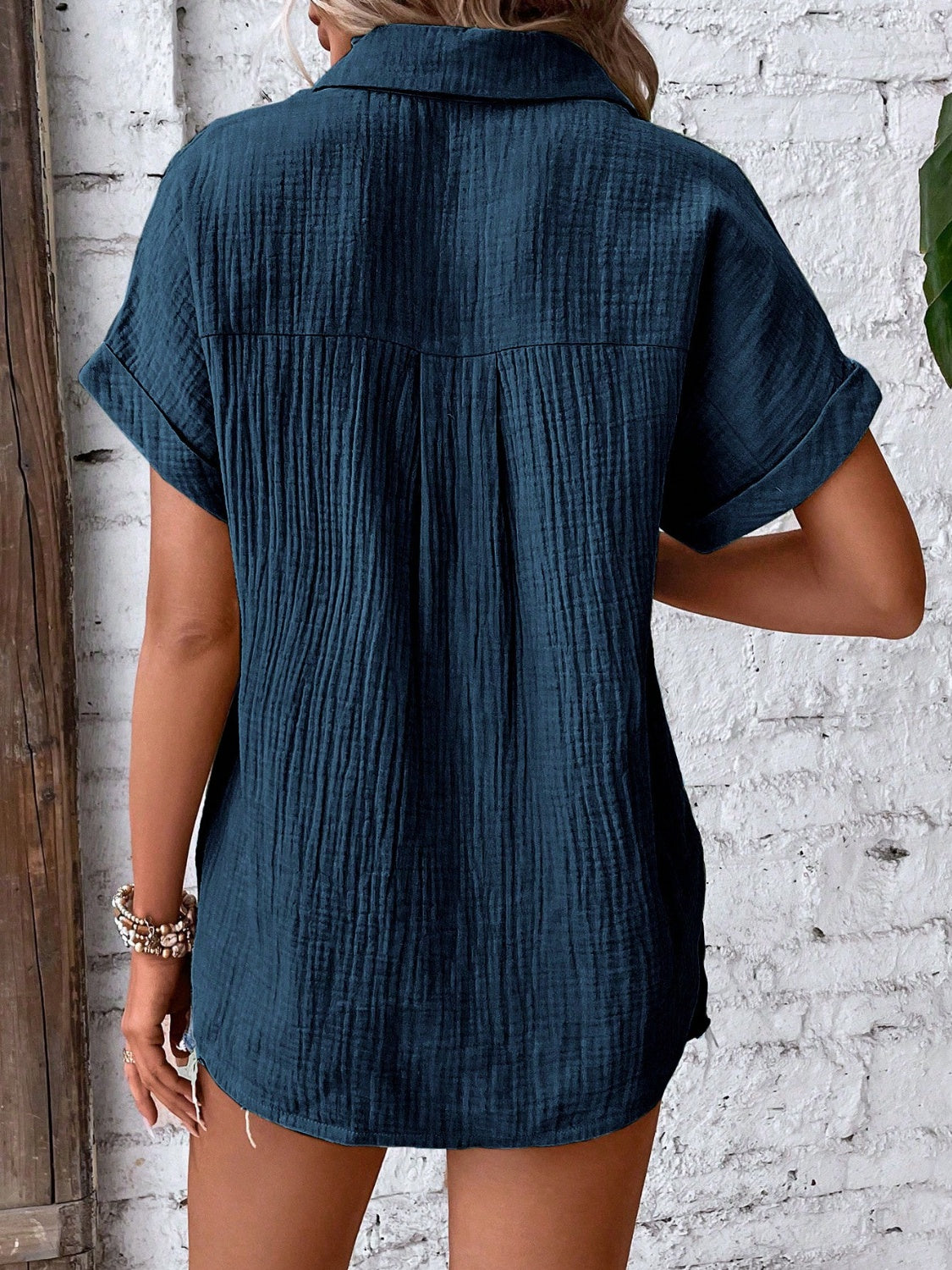 Collette Textured Button Up Short Sleeve Shirt