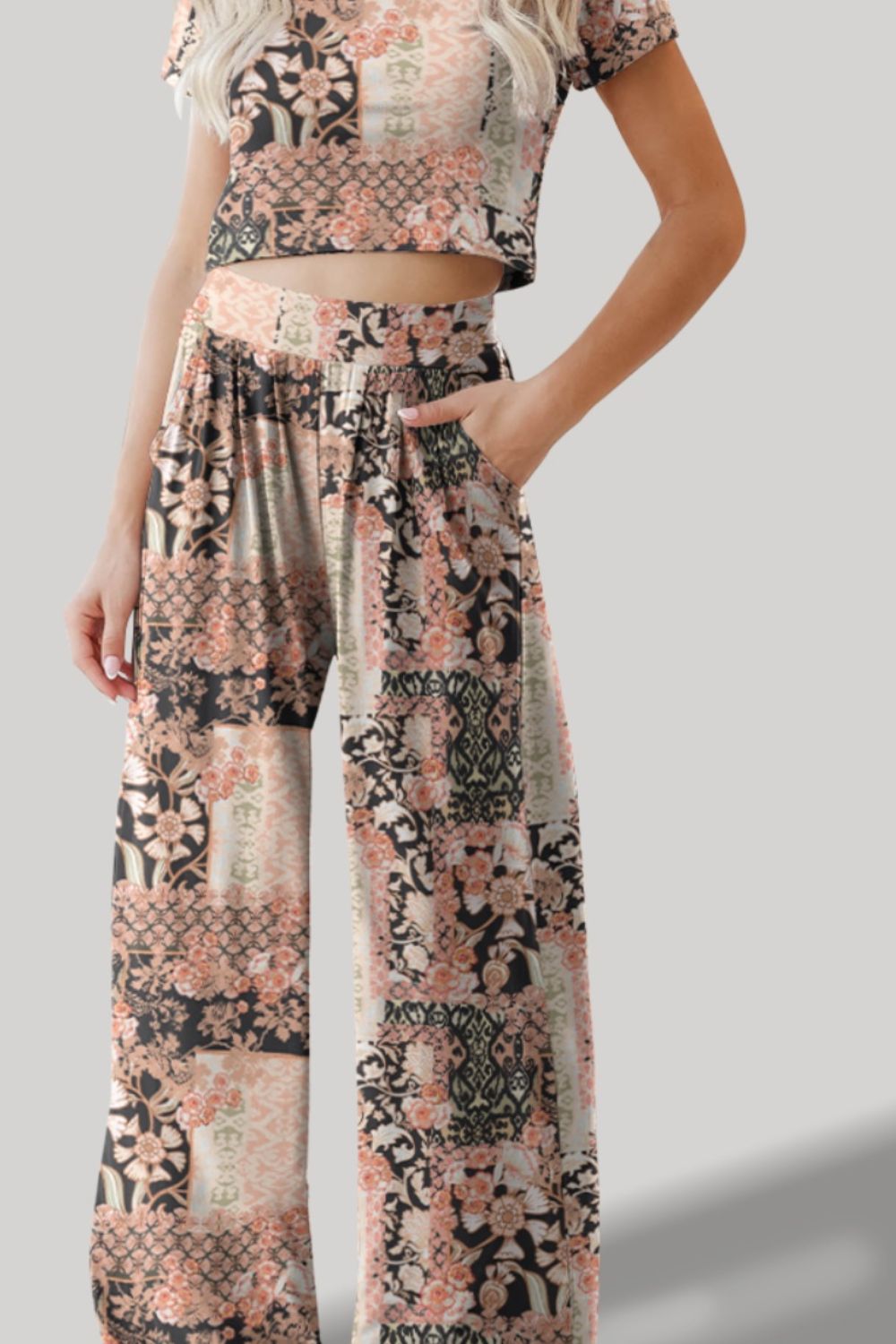 Emma Printed Round Neck Short Sleeve Top and Pants Set