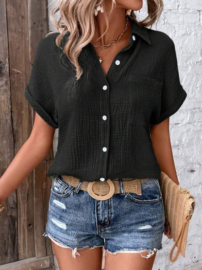 Collette Textured Button Up Short Sleeve Shirt