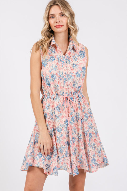 GeeGee Full Size Floral Eyelet Sleeveless Mini Dress