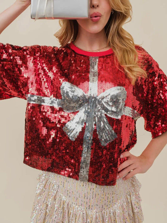 Betty Sequin Bow Graphic Round Neck Half Sleeve T-Shirt