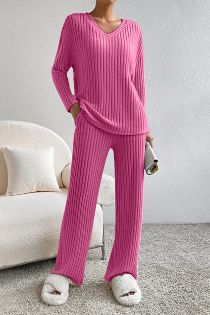 Molly Ribbed V-Neck Top and Pants Set