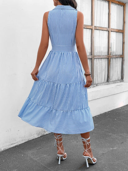 Abby Striped Johnny Collar Sleeveless Midi Dress