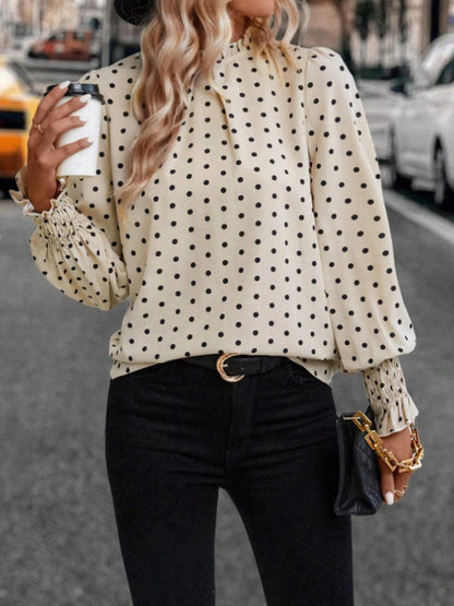 Sabrina Polka Dot Mock Neck Long Sleeve Blouse