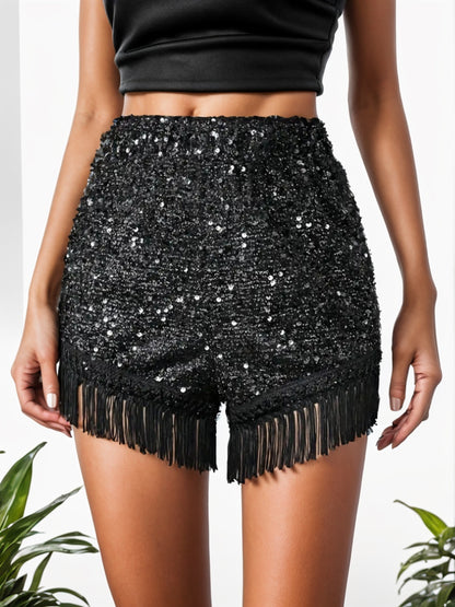 Wallen Fringe Sequin Mid-Rise Waist Shorts