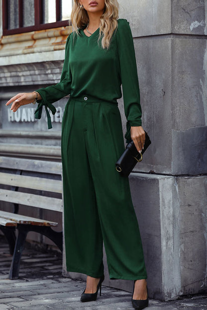 Carmen V-Neck Long Sleeve Top and Wide Leg Pants Set