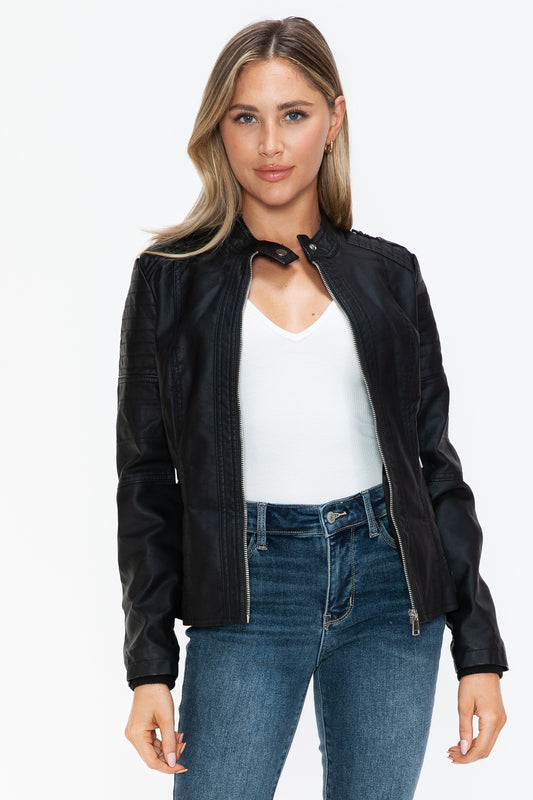 Quinn Vegan Leather Biker Jacket with Side Zip Pockets