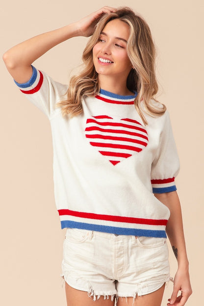 BiBi US Flag Theme Striped Heart Sweater