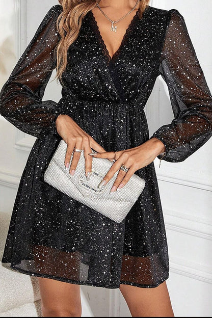 Bianca Glitter Surplice Long Sleeve Mini Dress