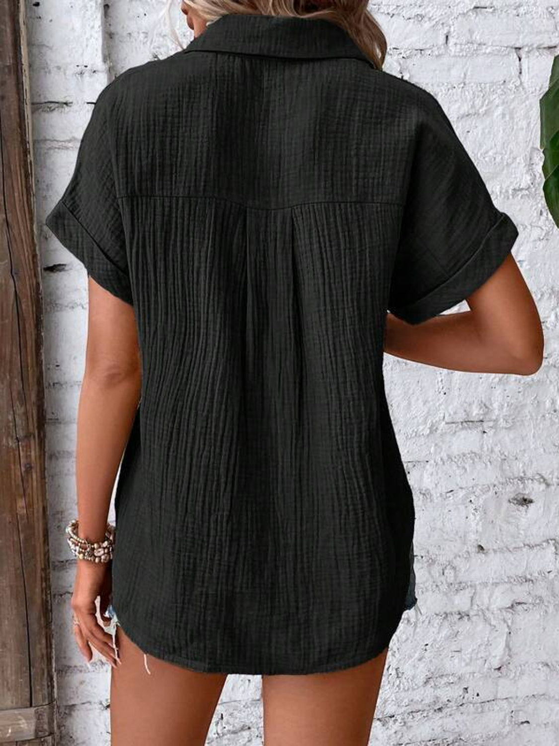 Collette Textured Button Up Short Sleeve Shirt