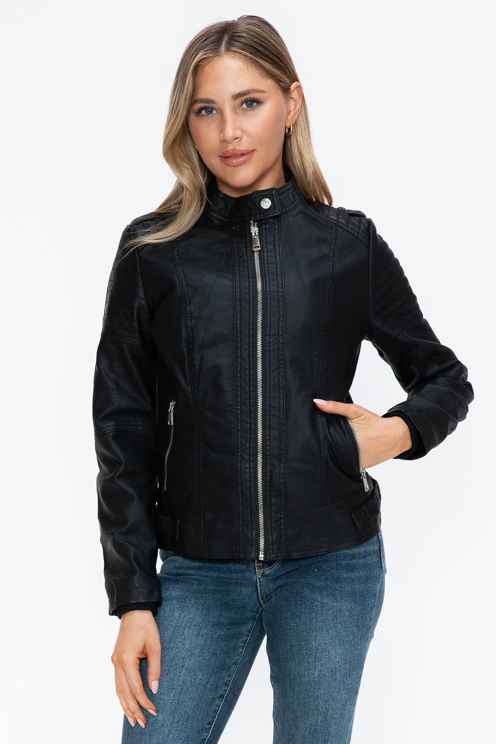 Quinn Vegan Leather Biker Jacket with Side Zip Pockets