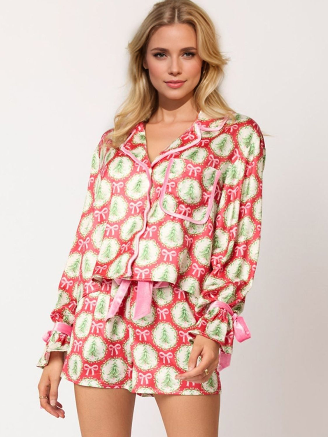 Kaley Tied Printed Collared Neck Long Sleeve Top and Shorts Set