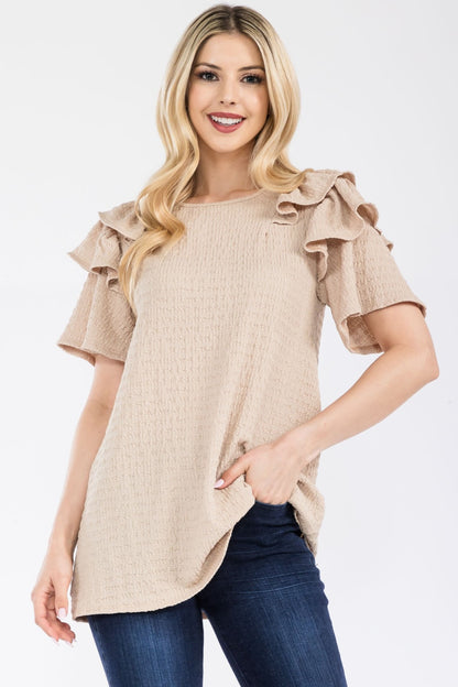 Celeste Full Size Ruffle Layered Short Sleeve Texture Top