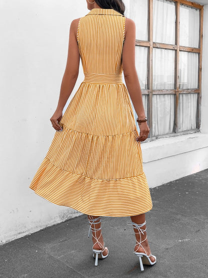 Abby Striped Johnny Collar Sleeveless Midi Dress