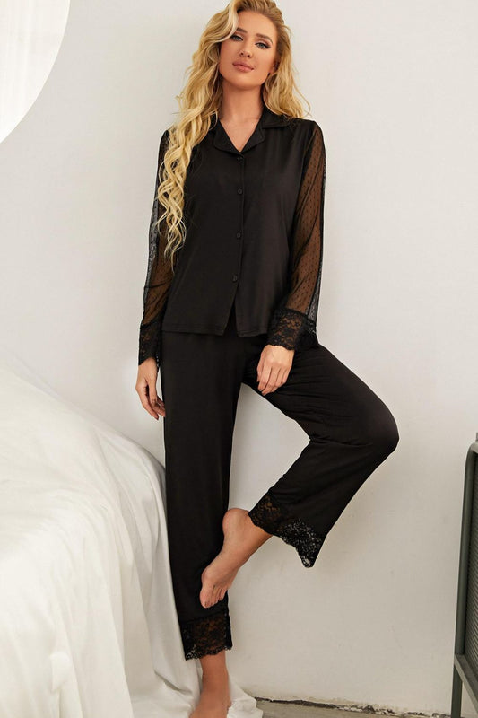 Lori Spliced Lace Lapel Collar Pajama Set