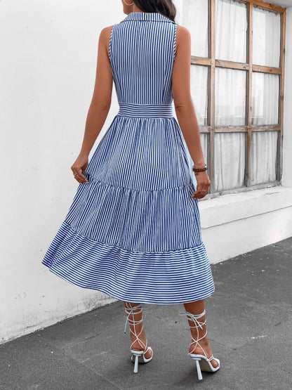 Abby Striped Johnny Collar Sleeveless Midi Dress