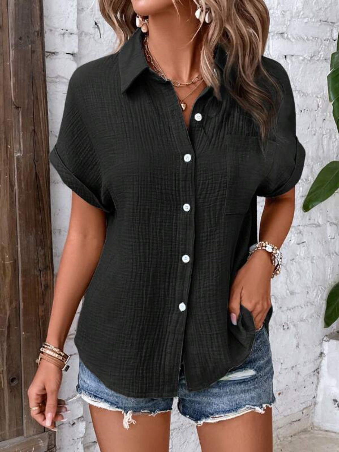 Collette Textured Button Up Short Sleeve Shirt