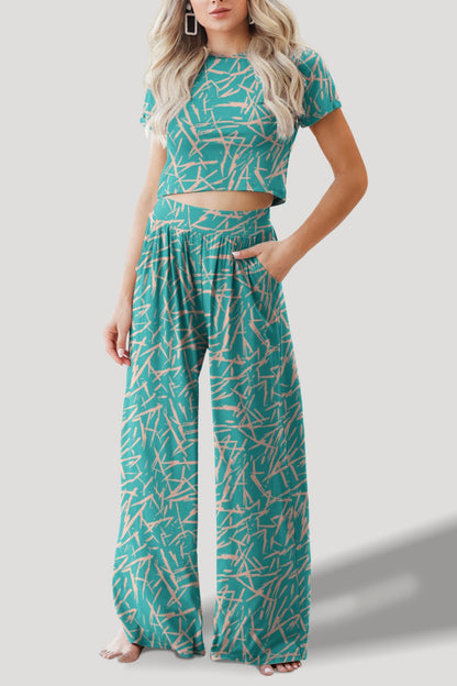 Emma Printed Round Neck Short Sleeve Top and Pants Set