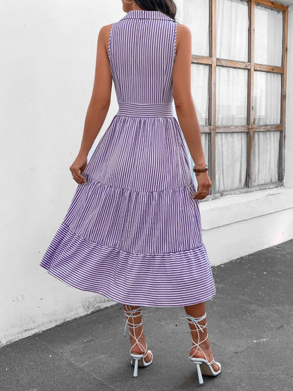 Abby Striped Johnny Collar Sleeveless Midi Dress