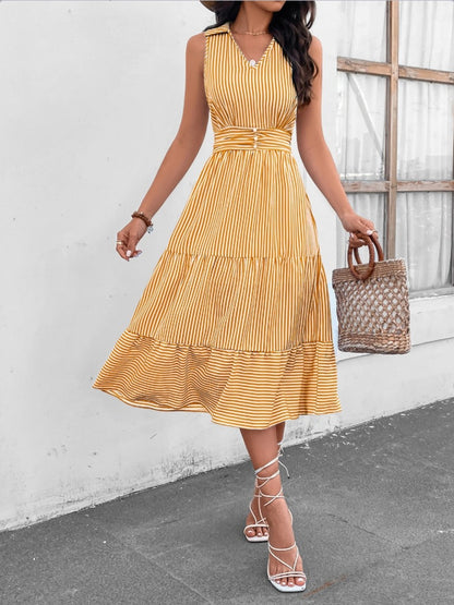 Abby Striped Johnny Collar Sleeveless Midi Dress