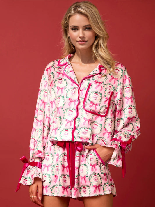 Kaley Tied Printed Collared Neck Long Sleeve Top and Shorts Set