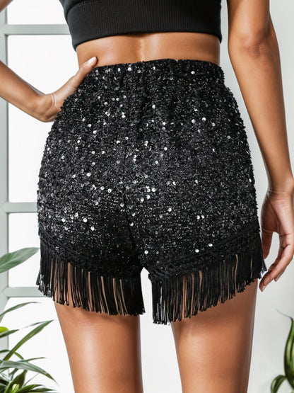 Wallen Fringe Sequin Mid-Rise Waist Shorts