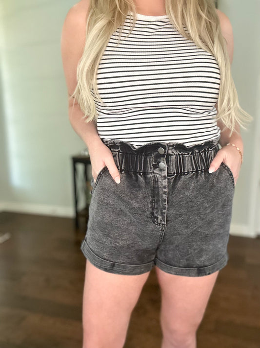 Paperbag Waist Denim Shorts with Pockets