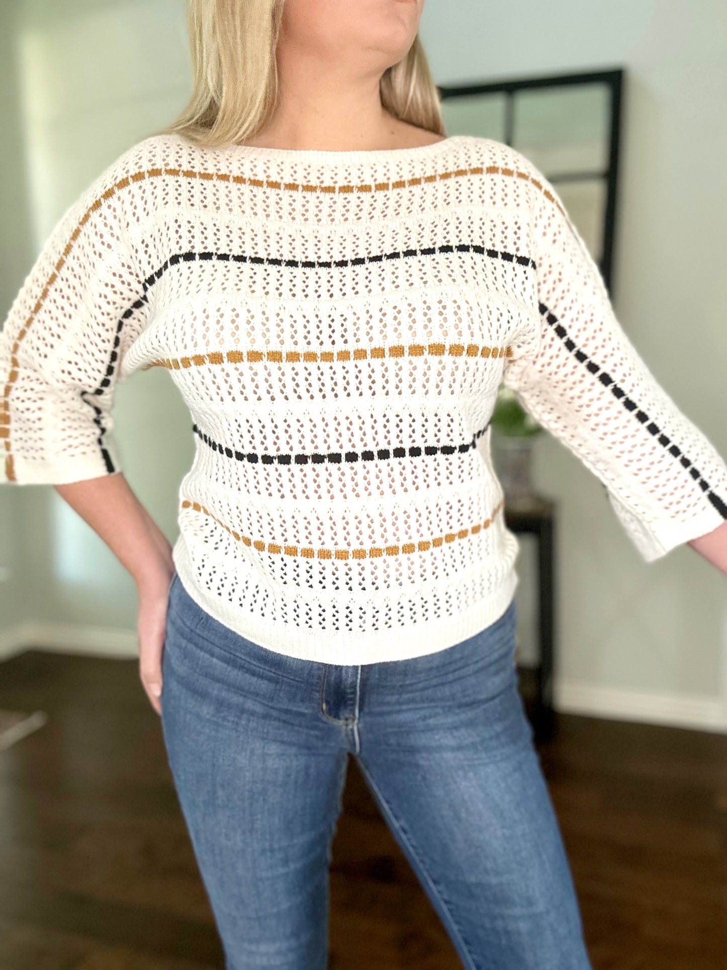 Eyelet Striped Round Neck Knit Top