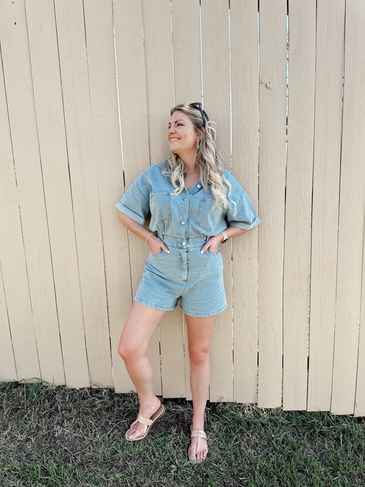 Collared Neck Denim Romper with Pockets