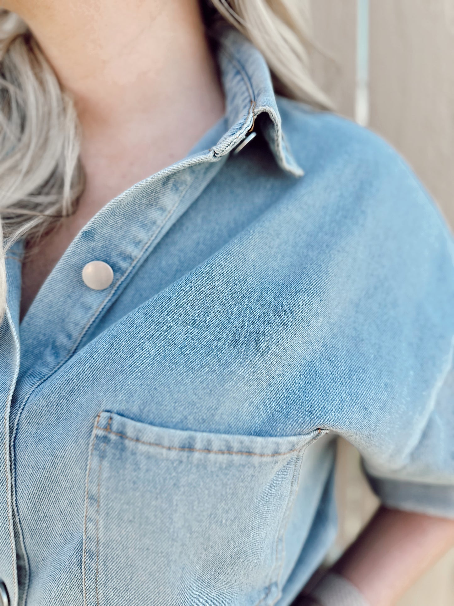 Collared Neck Denim Romper with Pockets