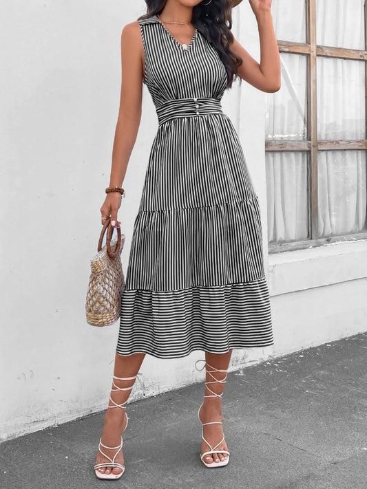 Abby Striped Johnny Collar Sleeveless Midi Dress