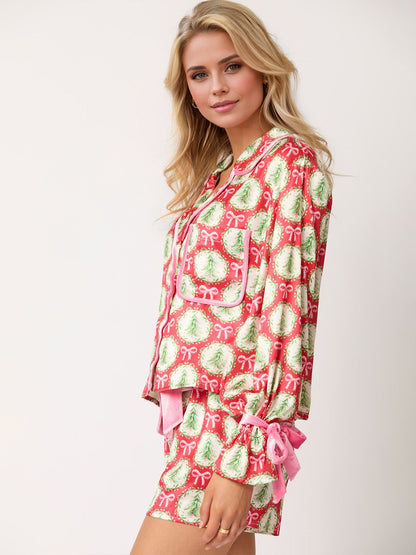 Kaley Tied Printed Collared Neck Long Sleeve Top and Shorts Set