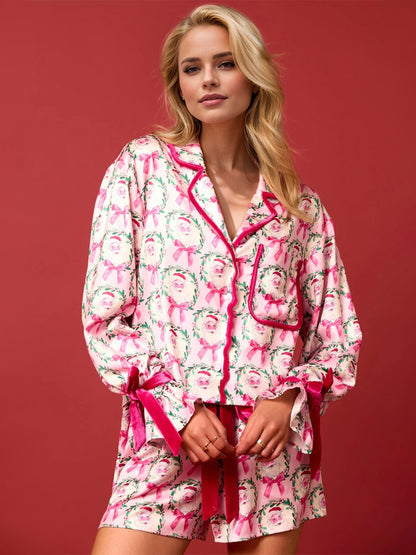 Kaley Tied Printed Collared Neck Long Sleeve Top and Shorts Set