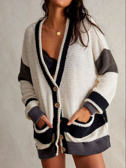 Lily Pocketed Contrast V-Neck Long Sleeve Cardigan