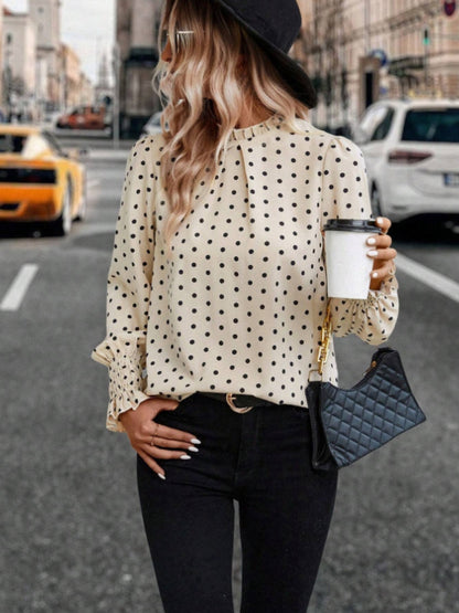 Sabrina Polka Dot Mock Neck Long Sleeve Blouse