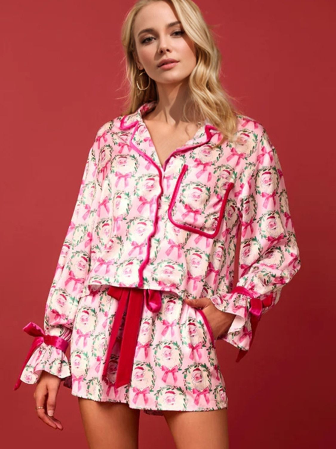 Kaley Tied Printed Collared Neck Long Sleeve Top and Shorts Set