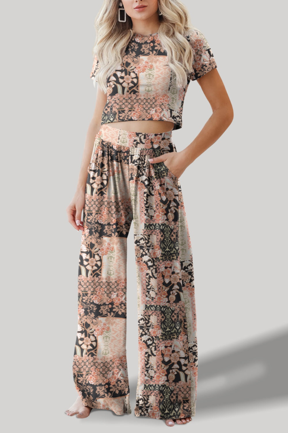 Emma Printed Round Neck Short Sleeve Top and Pants Set