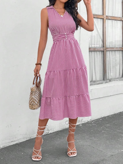 Abby Striped Johnny Collar Sleeveless Midi Dress