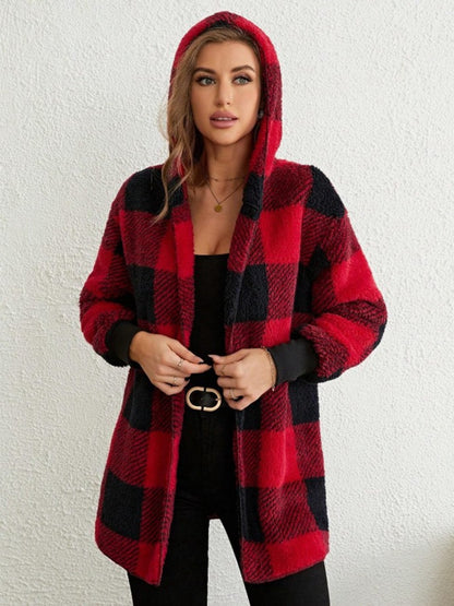 Ellie Plaid Long Sleeve Hooded Coat