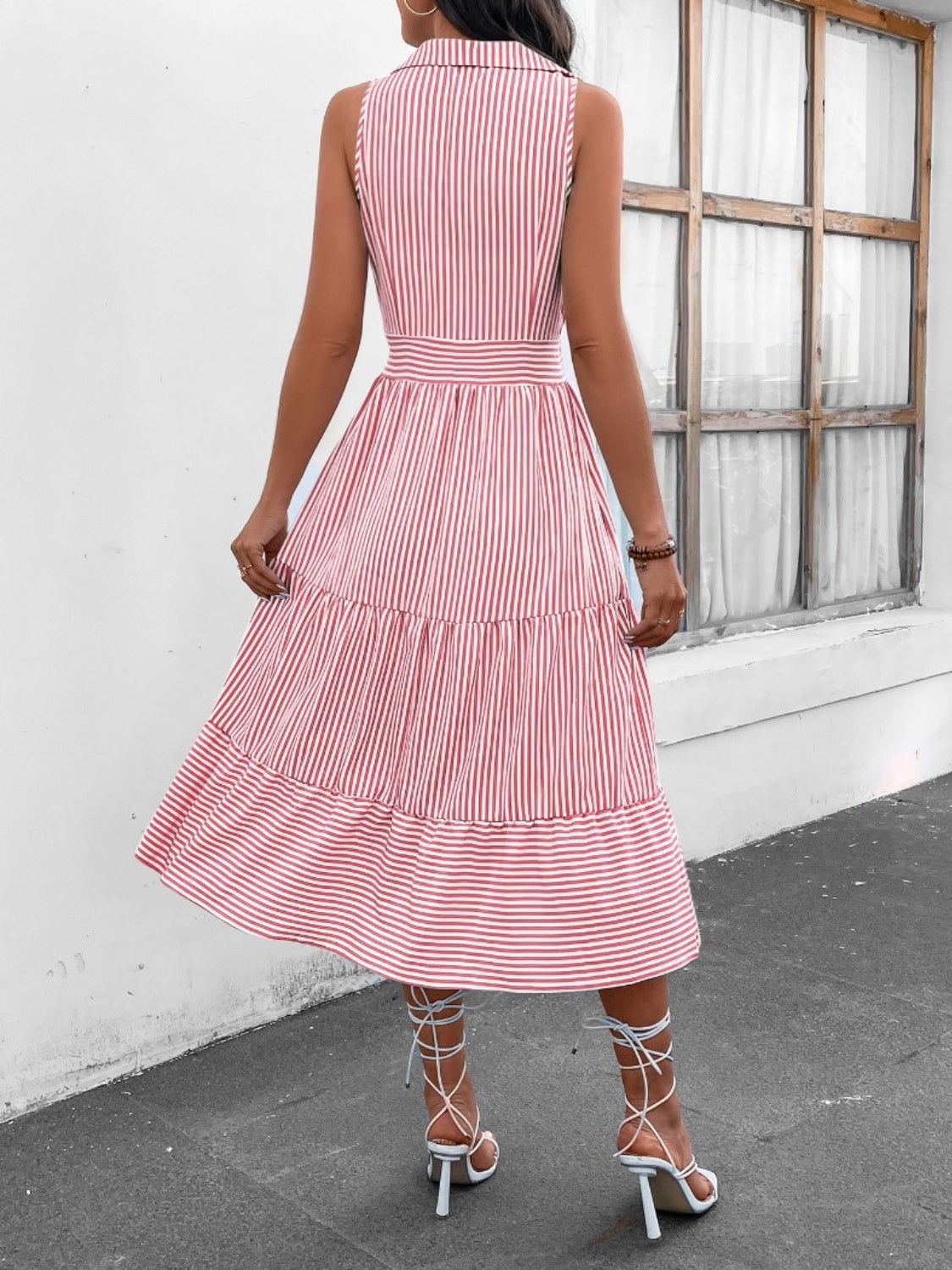 Abby Striped Johnny Collar Sleeveless Midi Dress