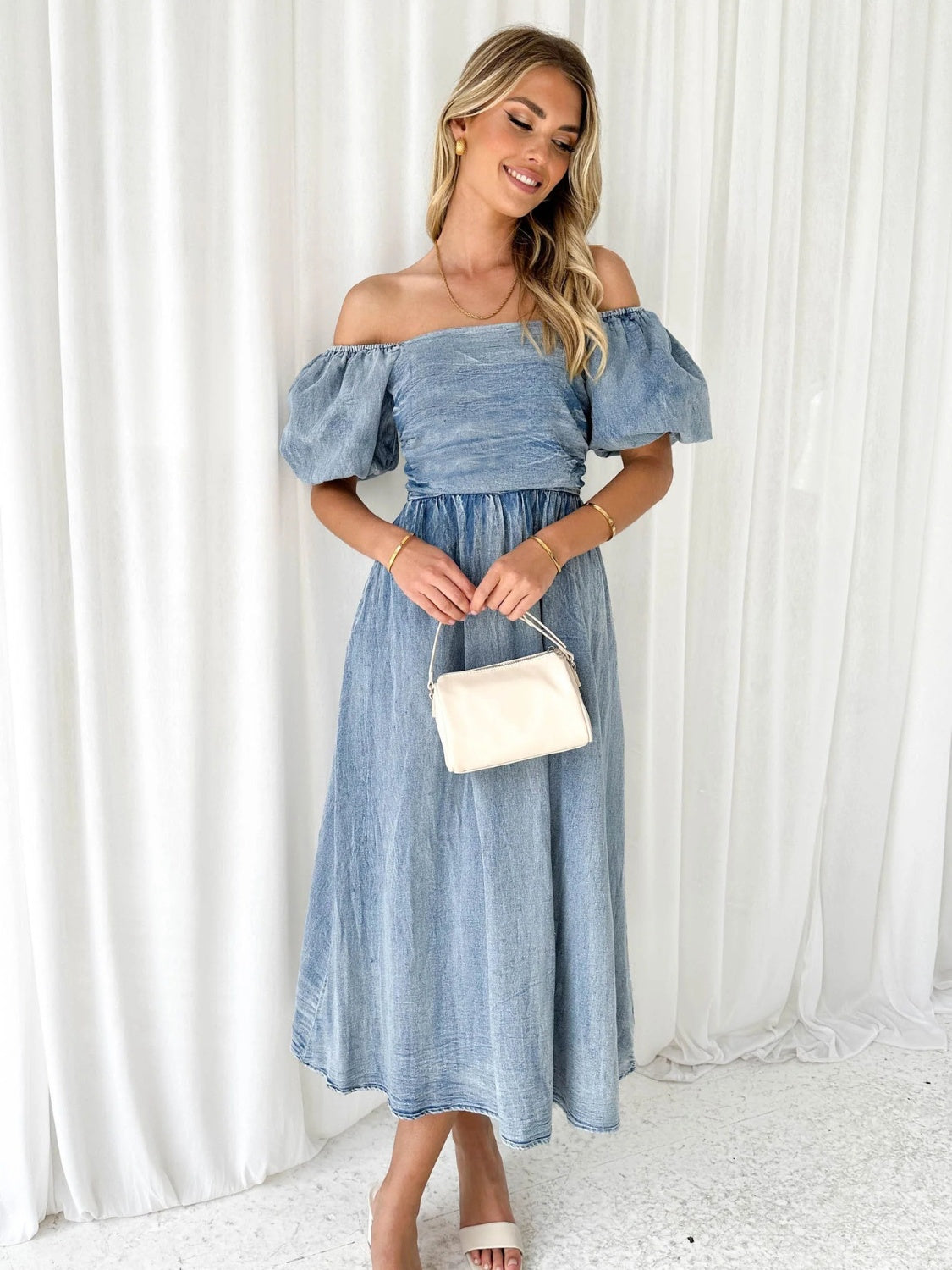 Jillian Off-Shoulder Balloon Sleeve Denim Dress