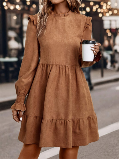 Frill Round Neck Long Sleeve Mini Dress