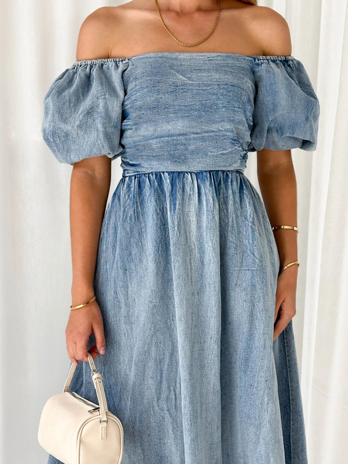 Jillian Off-Shoulder Balloon Sleeve Denim Dress