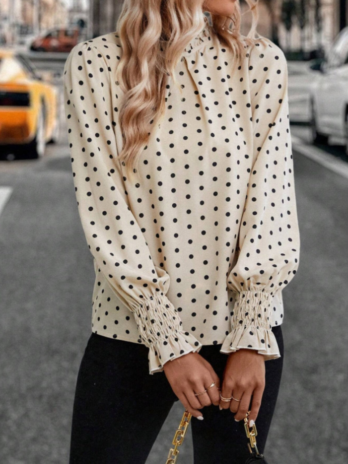 Sabrina Polka Dot Mock Neck Long Sleeve Blouse