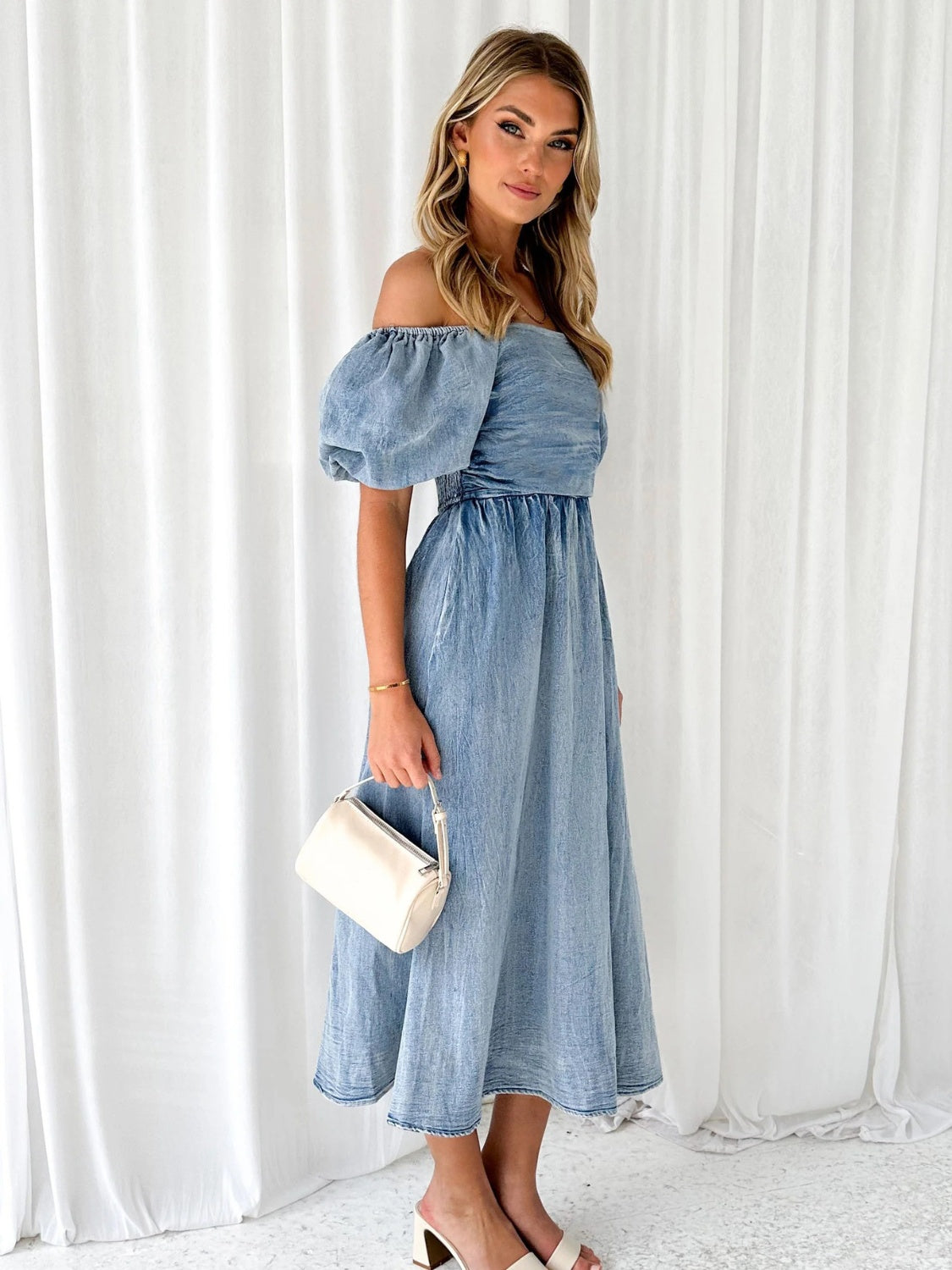 Jillian Off-Shoulder Balloon Sleeve Denim Dress