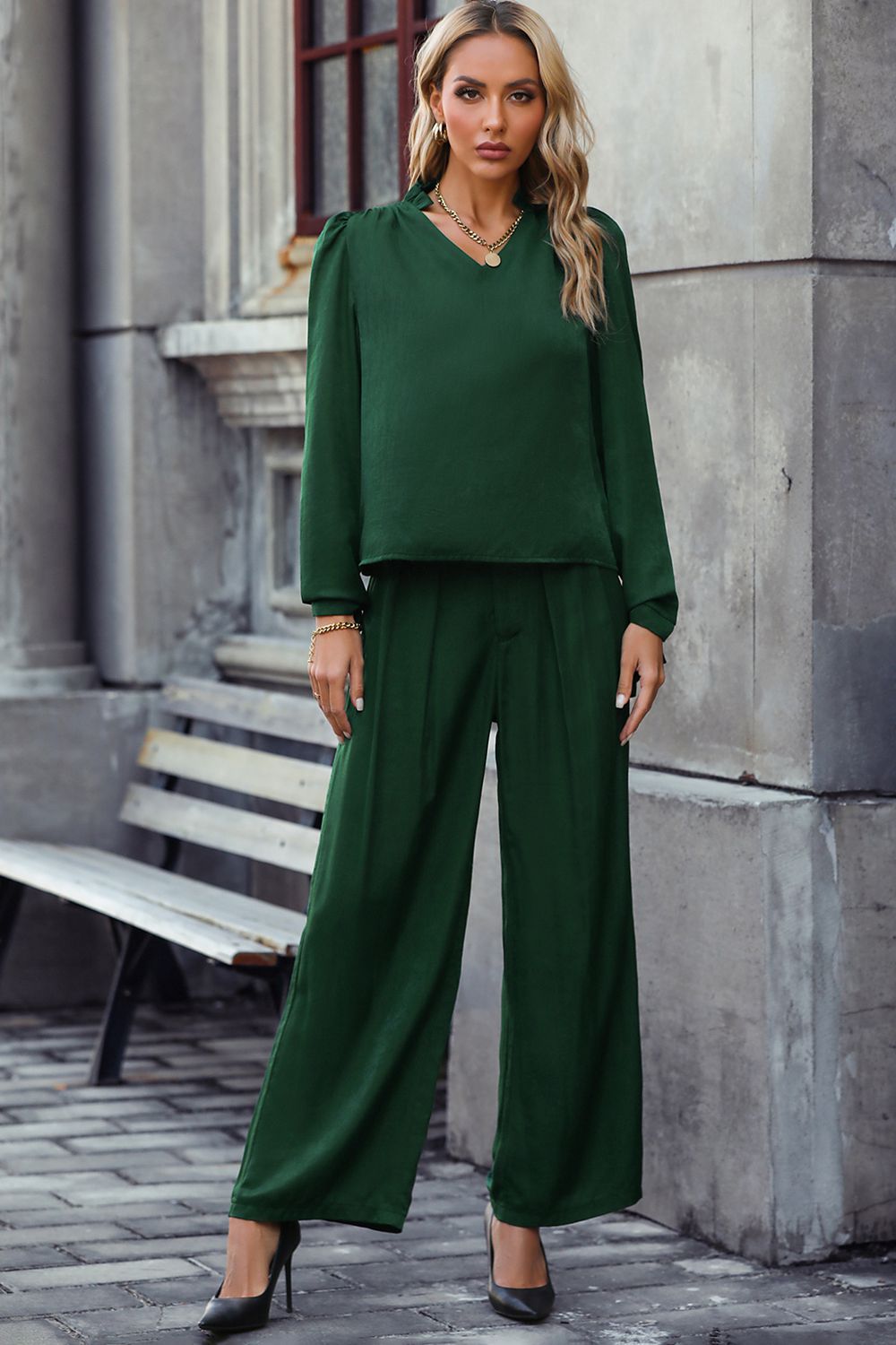 Carmen V-Neck Long Sleeve Top and Wide Leg Pants Set