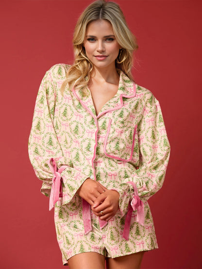 Kaley Tied Printed Collared Neck Long Sleeve Top and Shorts Set