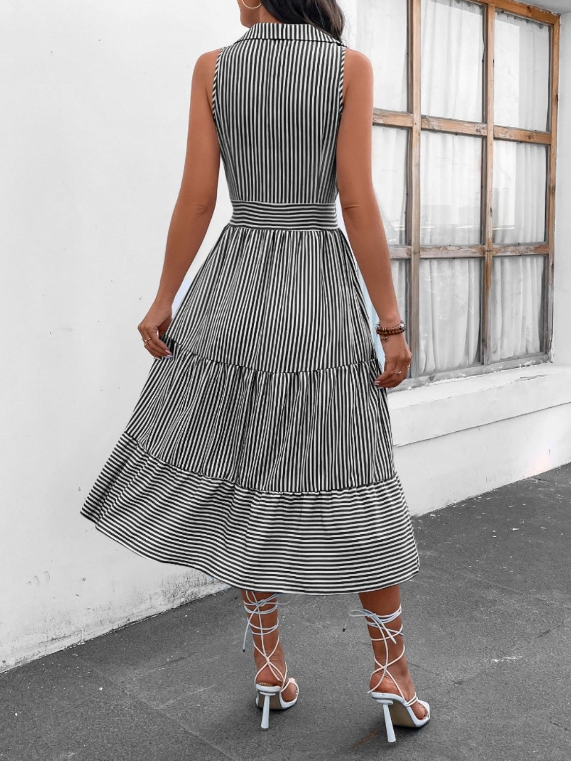 Abby Striped Johnny Collar Sleeveless Midi Dress