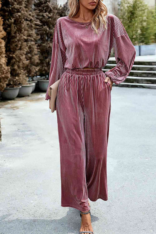 Priscilla Round Neck Dropped Shoulder Top and Elastic Waist Pants Set